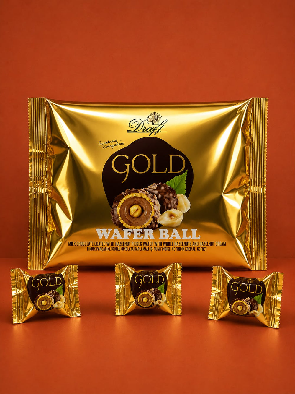 Draft Gold Bütün Fındıklı Ve Dolgulu Fındık Parçacıklı Çikolata Kaplı Gofret 300G Yastık Poşet