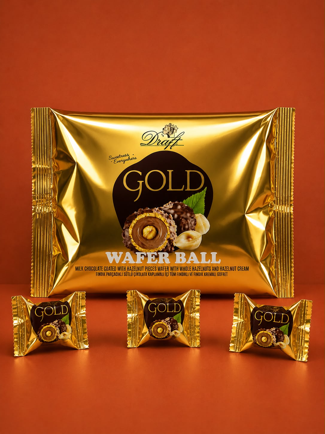 Draft Gold Bütün Fındıklı ve Dolgulu Fındık Parçacıklı Çikolata Kaplı Gofret 200G Yastık Poşet