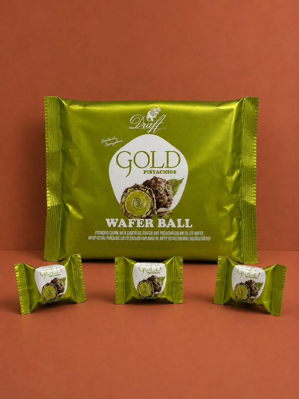 Draft Gold Antep Fıstıklı Dolgulu Sütlü Çikolata Kaplamalı Gofret 300G Yastık Poşet