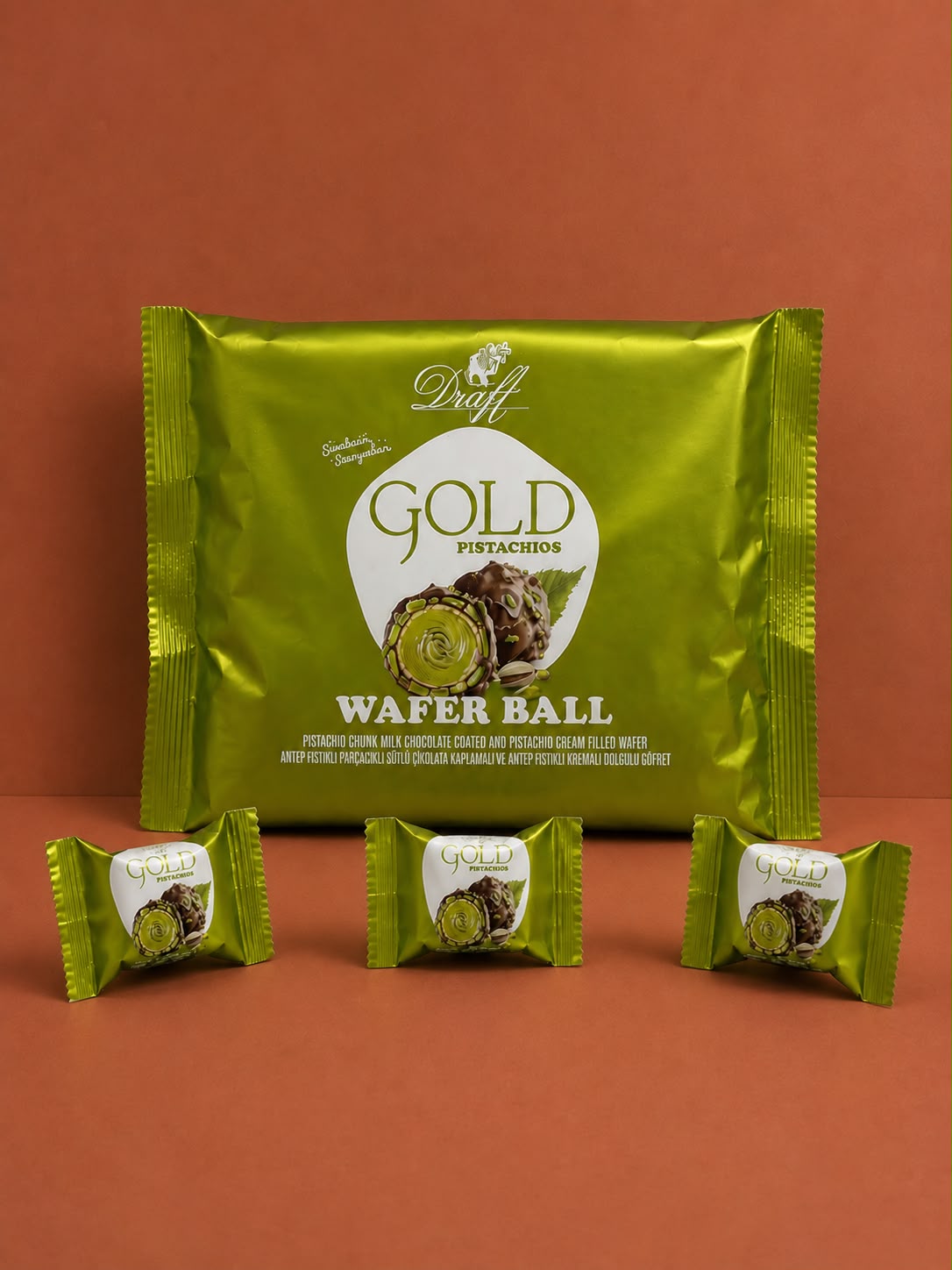 Draft Gold Antep Fıstıklı Dolgulu Sütlü Çikolata Kaplamalı Gofret 200g Yastık Poşet