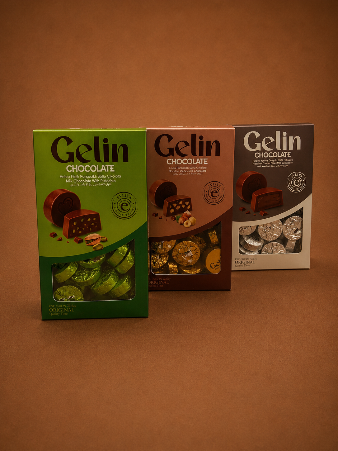 Gelin Antep Fıstıklı ve Krema Dolgulu Sütlü Çikolata 300G Hediyelik Kutu