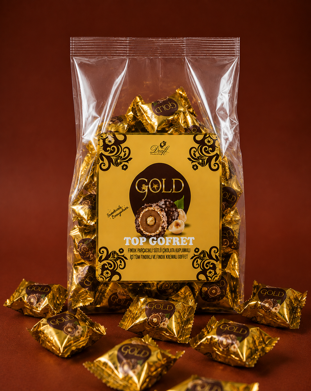 Draft Gold Bütün Fındıklı ve Dolgulu Fındık Parçacıklı ve Çikolata Kaplamalı Gofret 500g