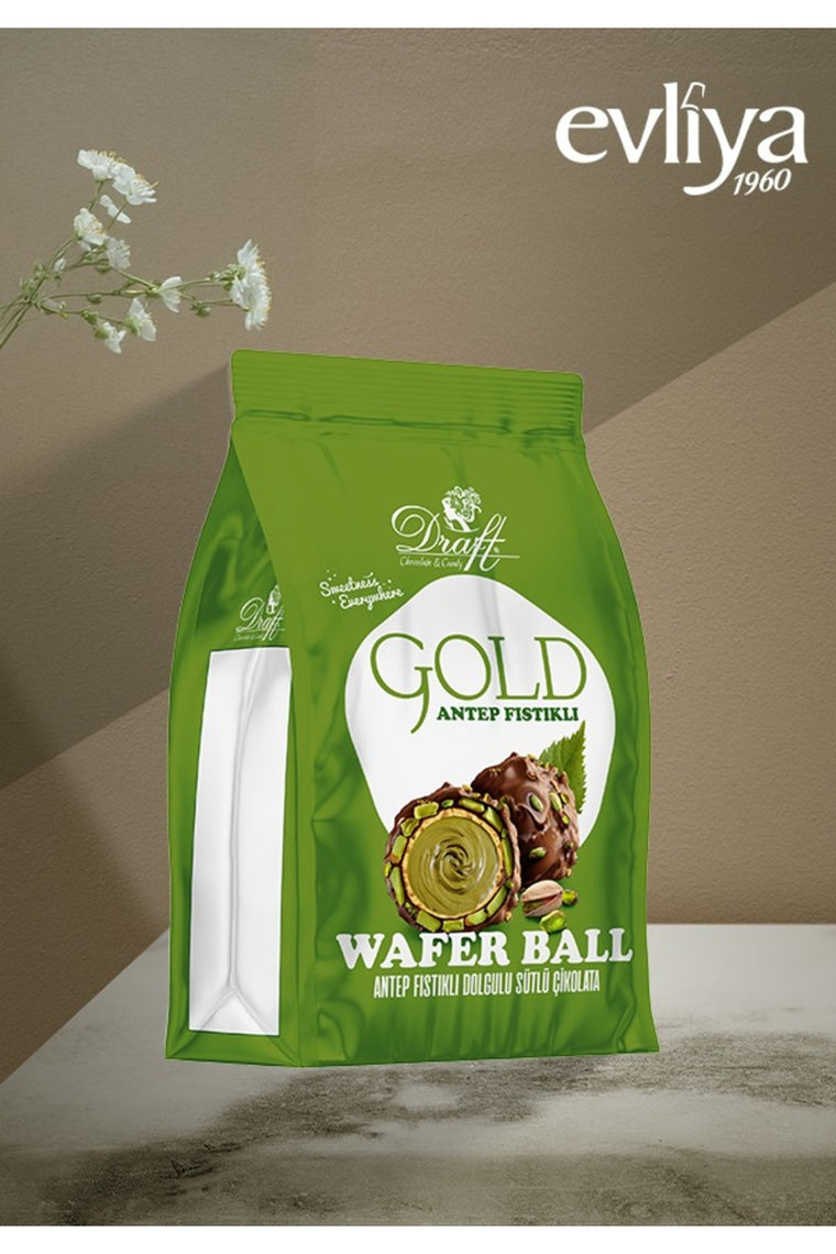 Evliya Draft Gold Antep Fıstıklı Dolgulu Sütlü Çikolata Kaplamalı Gofret 150g
