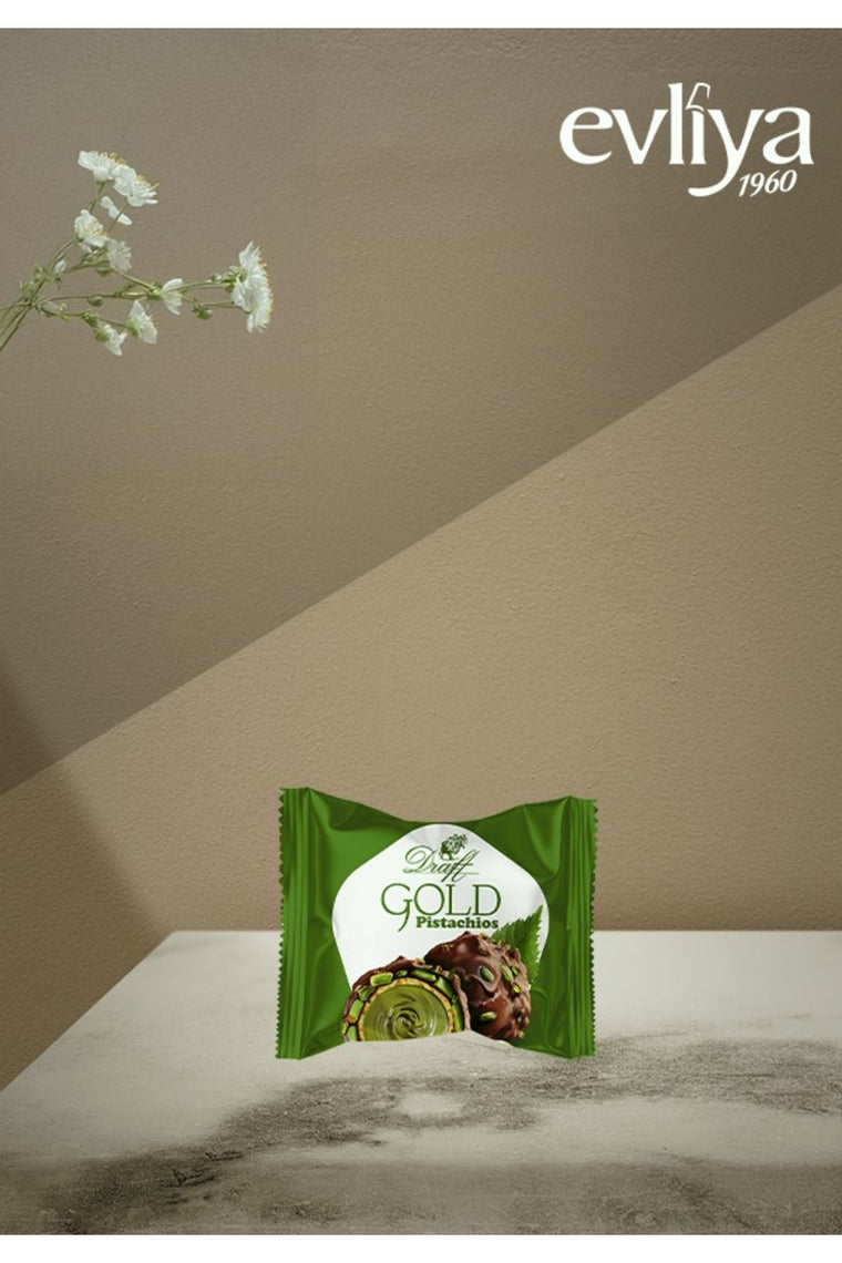 Evliya Draft Gold Antep Fıstıklı Dolgulu Sütlü Çikolata Kaplamalı Gofret 150g