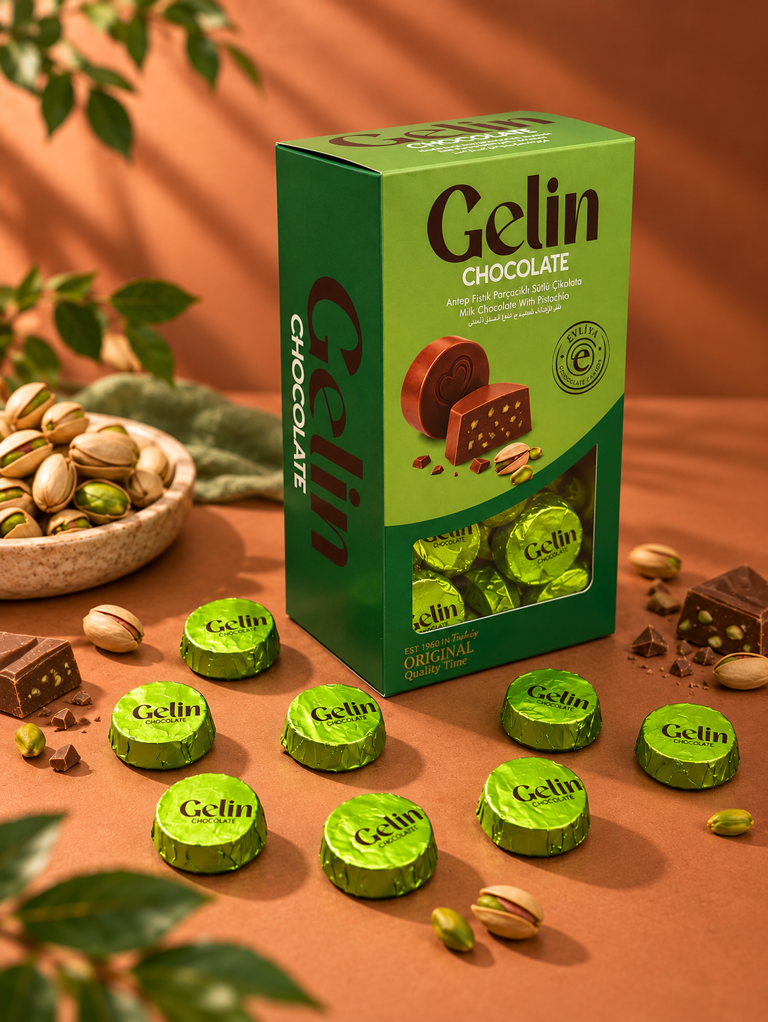Gelin Antep Fıstıklı ve Krema Dolgulu Sütlü Çikolata 300G Hediyelik Kutu